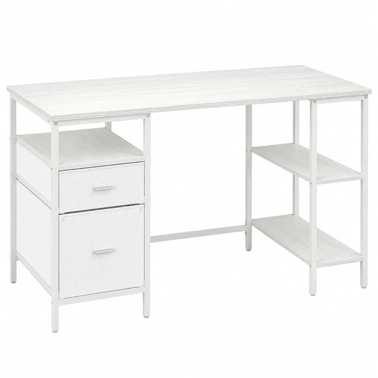 Scrivania Moderna con Ripiani e Cassetti per Ufficio e Soggiorno, 140x60x76 cm, Bianco Acero