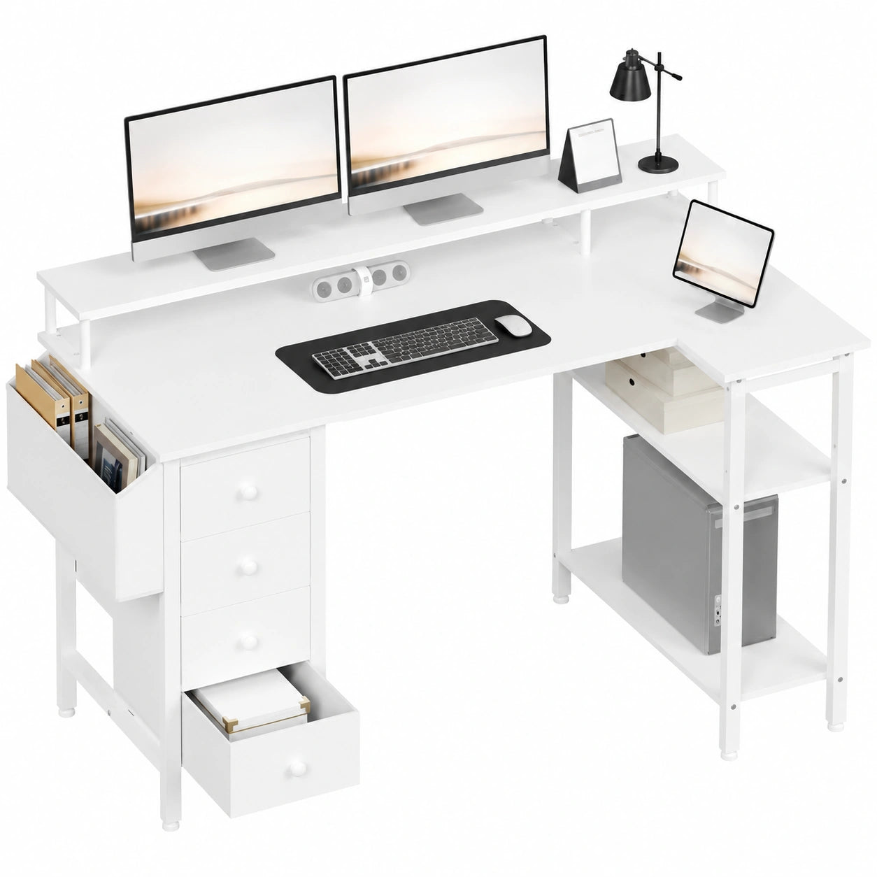 Scrivania Angolare Bianca con Prese USB e Scaffali, 120x68 cm