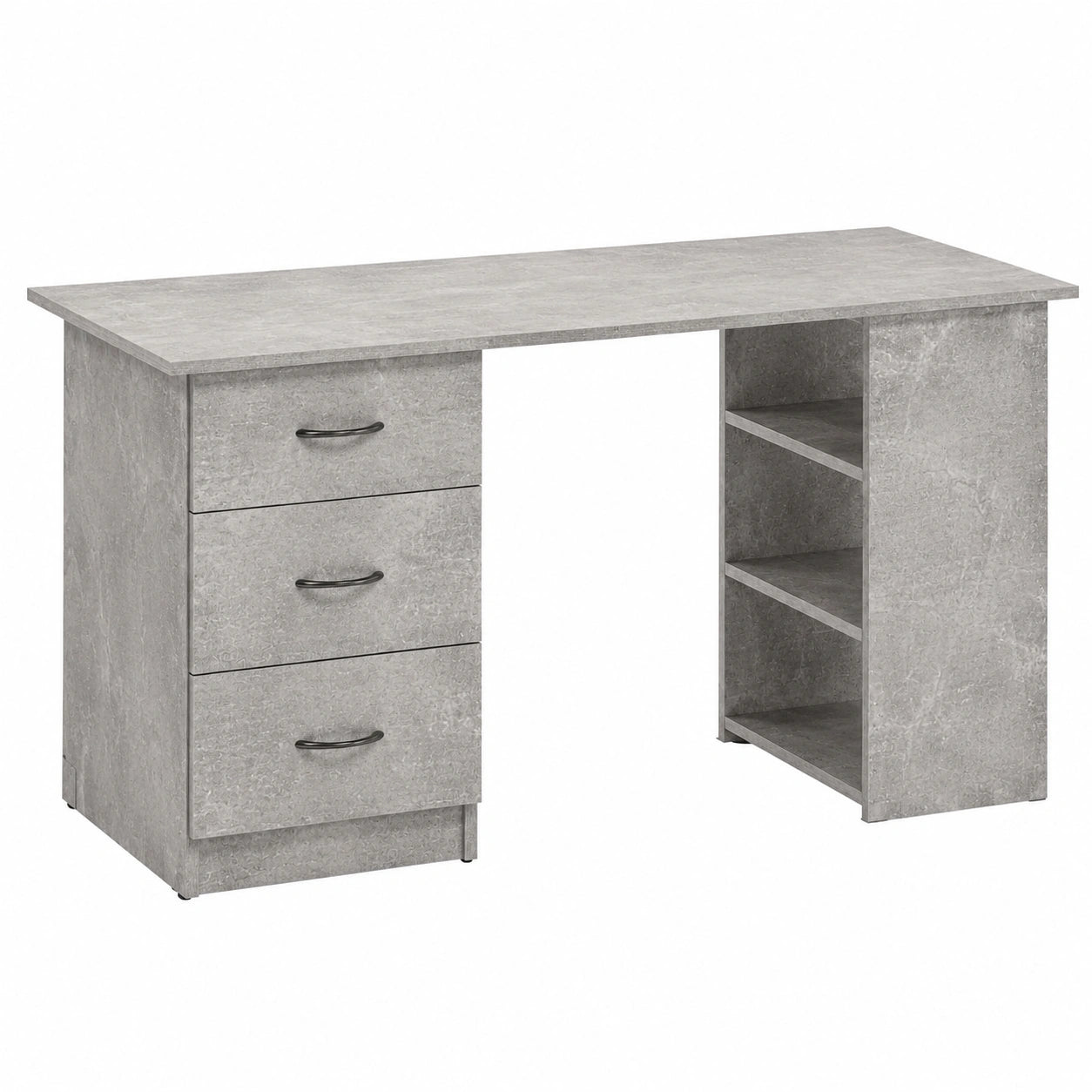 Scrivania Moderna in MDF con Cassetti e Vani Aperte, Design Minimal per Ufficio e Studio, Grigio Cemento