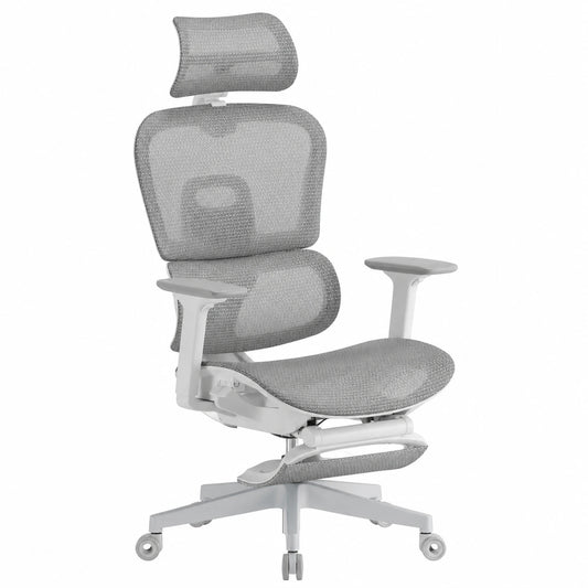 Sedia Ergonomica VALK Myla con Supporto Posturale e Poggiapiedi, Braccioli 4D e Poggiatesta Regolabili - Ideale per Lavoro e Gioco (Bianco/Grigio)
