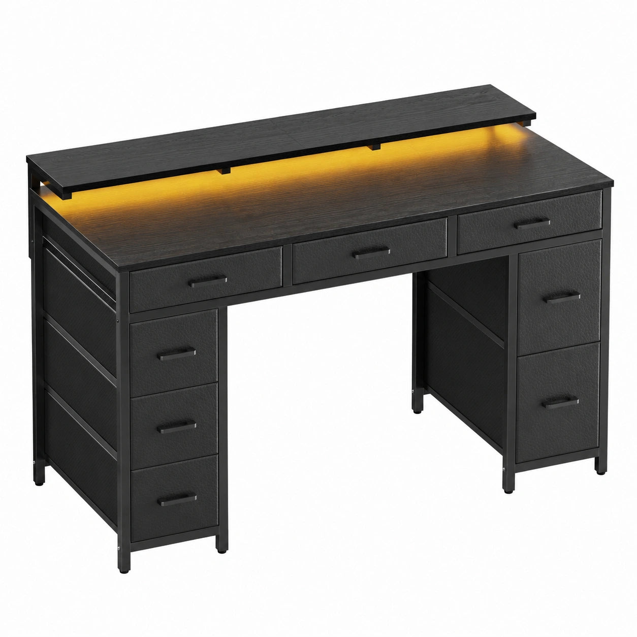 Scrivania in Metallo con LED e Prese USB, Tavolo PC Gaming Salvaspazio, Postazione Lavoro con Supporto Monitor e Cassetti in Tessuto