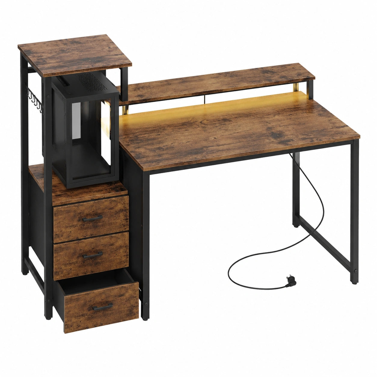 Scrivania da Gaming con LED, 112cm, Struttura Reversibile e Vani Portaoggetti